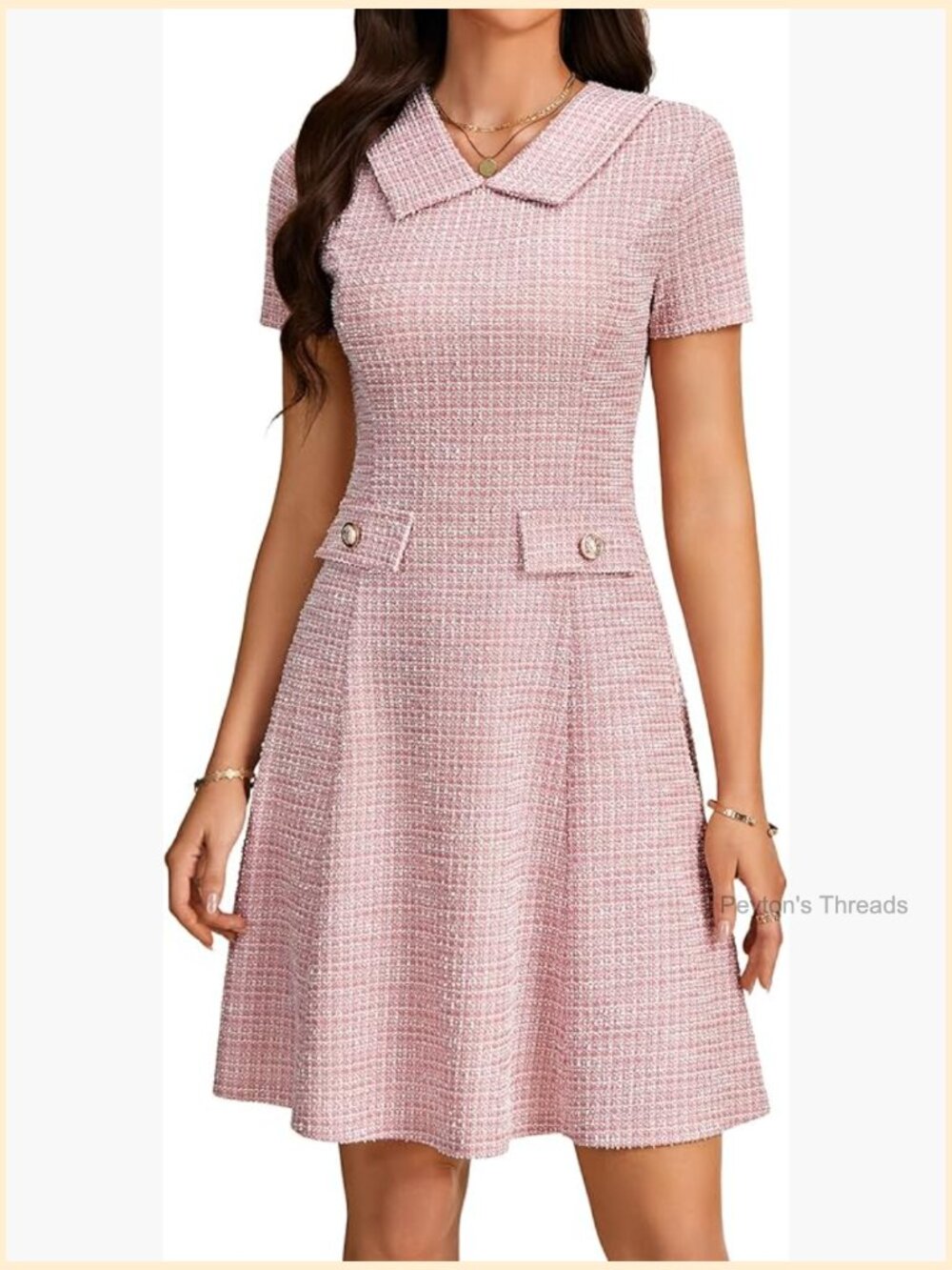 Tweed Collared Short Sleeve Ruffle A-Line Midi Dress